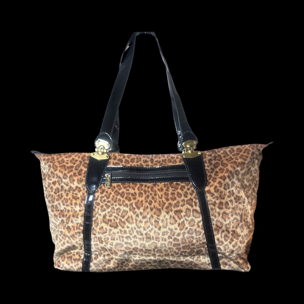 Sydney Love Leopard Print Faux Fur Shoulder Bag Black Patent Trim Tote